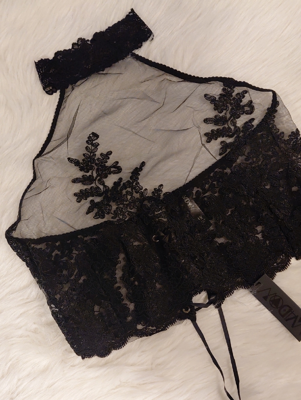 DOLLSKILL WIDOW 1X Sheer Lace High-Neck Crop Top - Black
